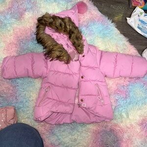 Pink Hooded Puffer Jacket with Faux Fur Trim 24 mnths/2t